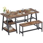 SDHYL Dining Table Set for 3,55 Inches Dining Table with Shelf,Breakfast Table with 2 Benches,Wood Space Saving Kitchen Table Set with Wine Rack and Glass Holder, Rustic Brown