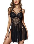 RSLOVE Lace Babydoll Lingerie Sexy Mini Chemise Mesh Wedding Nightie Bridal Nightdress Black M