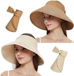 MAYLISACC 2 Pack Straw Sun Visors for Women UPF50+ Floppy Wide Brim, Foldable Topless Beach Hats UV Protection Khaki&Beige
