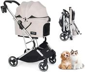 Beberoad Pets T4 Pet Stroller for Small Medium Dogs, Cat Strollers for 2 Cats, 4 Wheels Folding Pet Stroller for Cats with Pad, Canopy and Cup Holder, Beige
