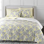 Martha Stewart Mariel Duvet Cover Queen Size, 3 Piece Set-1 Duvet Cover, 2 Pillow Shams, Cotton-Sateen, Soft, Reversible, Easy Wash, All Season 90"x92" with Button Closure, Grey/Yellow