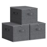 SONGMICS Foldable Storage Organiser Boxes, Set of 3 Storage Basket Bins with Lids, Handles, Clothes Organiser, 40 x 30 x 25 cm, Non-Woven Fabric, Slate Grey RYZB03G