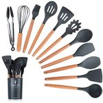 Oren Empower Set of 12 Pcs Silicone Spatula with Wooden Handle/Kitchen Utensil for Cooking, Baking & Mixing/Non-Stick BPA Free/Heat Resistant Item, Flexible Non Toxic Cookware Tools - Black