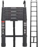 Exleiter Aluminum Telescoping Ladder, 2.6M/8.5FT Portable Extension Ladder with 2 Detachable Hooks Extendable Folding Anti-Slip Loft Ladder with Certificate EN 131, Black