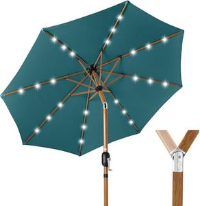 Best Choice Products 10ft Solar Market Patio Umbrella w/Woodgrain Pattern Pole, LED Lights, Tilt & Crank – Outdoor Sun Shade for Backyard Table, Deck, Poolside – Cerulean
