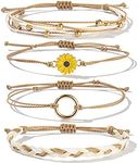 FANCY SHINY Sunflower String Bracelets Cute Beaded Handmade Rope Bracelet Set Adjustable Braided Circle Charm Bracelet Pack for Teen Girls Women(Sand)
