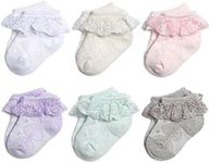 Epeius 6 Pair Pack Toddlers Baby-Girls Eyelet Frilly Lace Socks Princess Ankle Socks White/Pink/Off White/Green/Purple/Grey 12-24 Months,Shoe Size 5M-8M