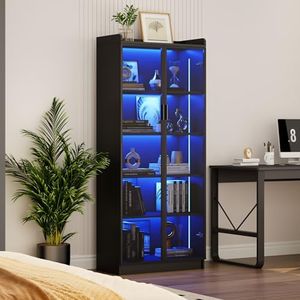 Display Cabinet with Doors and Adjustable Shelves, 65" Tall Bookcase with Metal Handle/LED Lights/Human Sensor, 5 Tier Display Case for Collectibles Bedroom Living Room Office, Black