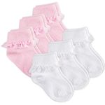 6 Pairs Babies Baby Girls Cotton Rich Socks Turn Over Top Plain White Pink 3-5.5