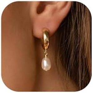 Pearl Earrings for Women 18K Gold Plated Freshwater Pearl Drop Earrings Dangle Pearl Hoop Earrings, Wedding Earrings, Bridal Earrings, Bridesmaid Gifts, Pearl Jewelry for Women (Gold Pearl Drop Hoops)