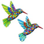 2 Pcs Metal Hummingbird Garden Ornaments Outdoor,Wrought Iron Colorful Hummingbird Wall Decor for Outside Garden Patio Fence Home Bedroom Hanging Decoration