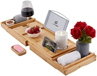 JumblWare Bamboo Bathtub Caddy. Luxury Bath Tray with Handles, Book Rack, Wine Glass Holder, Soap Dish & Slots for Phone & Cup. Extendable Sides, Waterproof Wood, Silicone Grips. Spa Gift for Women