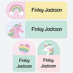 50 x No Iron Personalised Stick On Waterproof Washable Name Labels Great for Clothes, School Uniform, Equipment, Shoes. School, Nursery, Day Care, Hospital - Pastel Unicorns & Rainbows