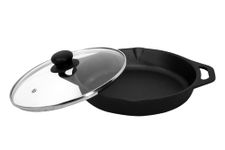 DYNAMIC COOKWARES Even Matt Finish Pre-Seasoned Round Cast Iron Fry Pan/Skillet with Glass Lid (10 Inch / 27.50 CM) | Natural Nonstick, 100% Pure, Toxin-Free, Induction Based Round Frying Pan, Black