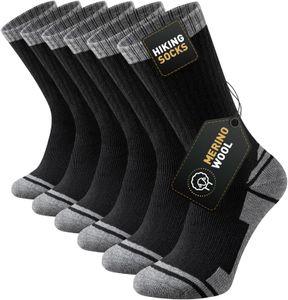 Stoeury Merino Wool Hiking Socks, Thermal Cushioned Crew, 3 Pairs Black 9-12