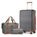 Kono Suitcase Travel Set Hard Shell Carry On Hand Cabin Case with TSA Lock Luggage Sets of 3 Piece Included 1pcs Duffle Bag and 1pcs Toiletry Bag, Grey/Brown