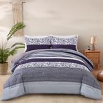 Patchwork Comforter Set Queen Size Purple Stripe Reversible Comforter 3 Pieces Bedding Set (1 Comforter + 2 Pillow Cases) Soft Microfiber Down Alternative Comforter Set (Queen, 90”×90”)