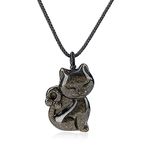 COAI Women's Cute Cat Necklace Golden Obsidian Stone Necklace for Women