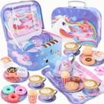 Golray 27Pcs Kids Tea Party Set For Little Girls Unicorn Gift Pretend Toy Tin Tea Set & Carrying Case & Food Sweet Treats Playset, Princess Tea Time Kitchen Pretend Play Tea Set Toys