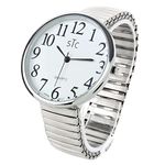 STC Silver Super Large White Face Case Size 43mm Extra Large Stretch Band Easy to Read Watch, Silver, Casual