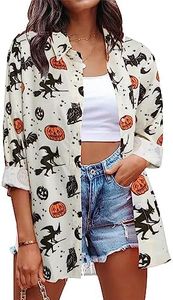 Halloween Shirt Women Hocus Pocus Shirt Halloween Witch Tee Pumpkin Graphic Shirt Long Sleeve Button Down Blouse, White, Medium