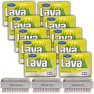 Lava Soap Bar Bulk Kit: (10 Pack) Hand Pumice Cleaner Exfoliating Commercial Scrub + (3 Pack) Wooden Nail Brush Scrubber for Cleaning, Compatible with Lava.