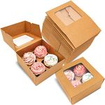 30-Set Cupcake Boxes with Inserts and Window Hold 4 Cupcakes, 6.3'' x 6.3'' x 3'', Brown Food Grade Kraft Cupcake Holder for Cookies, Muffins