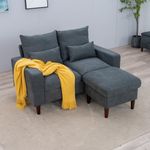 Panana 2 Seater Sofa with Footstool Ottoman Love Seat Couch with Solid Wood Legs, Compact Linen Fabric/Faux Leather Settee for Livingroom