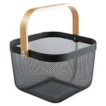 AJIODA Metal Mesh Steel Basket, Storage Organizer Basket Multi-Functional Hanging Kitchen Baskets Fruit Basket Bin with Bamboo Handle for Kitchen Bathroom Picnic Shopping Decor Cabinet Home, Black