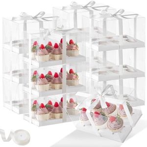 JCD 5.5inches height 8 Pack Clear Cupcake Boxes 6 Count Cupcake Containers with Gift Ribbon, Rectangle Cupcake Holder for Treats, Dessert Boxes, Muffins (6count/8pcs)