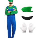 Ficlwigkis Mario Costume Kids Luigi Costume Mario Costume with Cap Beard Gloves for Kids Adults Boys Girls Halloween Cosplay (Man Green, L)