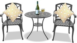 Homeology POSITANO Garden & Patio Table & 2 Large Chairs with Armrests Cast Aluminium Bistro Set Grey