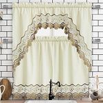 Lingtoolator urtains for Kitchen Bathroom 36 inches Length Curtains with Valance Embroidered Lace Border Cotton Blend Rod Pocket Light Filtering Window Treatment Swags Tier Set of 3 Panels