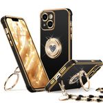 XYZ for iPhone 13 Case with Stand, Phone Case with Double Ring Kickstand, Women Girls Bling Luxury Protective Case Heart for iPhone 13, Black