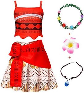 Cotrio Moana Princess Costume Girls Two-pieces Crop Top Skirt Set Toddler Kids Birthday Theme Party Dress Up with Accessories Halloween Cosplay Outfits Size 6 (4-5 Years, Red)