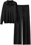 ANRABESS Womens Two Piece Outfits Sweater Sets Waffle Knit Pullover Wide Leg Pants Tracksuit Sweatsuits Matching Lounge Set Black Small