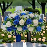 PAKJCKERM Cemetery Tombstone Flower Saddle-Headstone Flower Saddle,Artificial Cemetery Flowers,Outdoor Grave Saddle Headstone Decorations Blue and White Rose