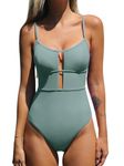 CUPSHE Women's One Piece Swimsuit Scoop Neck Cutout Back Self Tie Adjustable Straps Swimming Costume Swimwear Light Green M