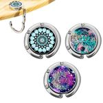 HASTHIP® 3Pcs Desk Bag Hanger Aesthetic Mandala Metal Bag Hanger Portable Folding Bag Ring Hanger for Table, Office Desk Aluminum Alloy Removable Hooks for Bags, Handbag, Backpack