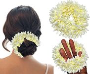 Temperia (2 Pcs) Scented Mogra Gajra Hair Accessories For Women & Girls - Hair Flower Bun Artificial Fake Gajra Scrunchies Rubber Band - Premium & Voluminous, White