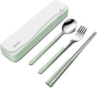 DEVICO Travel Utensils, 18/8 Stainless Steel 4pcs Cutlery Set Portable Camp Reusable Flatware Silverware, Include Fork Spoon Chopsticks with Case (Light Green)