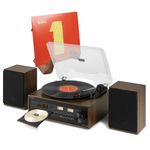 Audizio Boston Vinyl Record Player with CD, DAB+ Radio, Bluetooth & Stereo Speakers – Vintage Wooden Record Player Stereo System with Retro Vinyl Sleeve Display Stand
