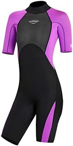 Mens Wetsuit Women Adult Shorty 2MM Neoprene Wet Suit Diving Scuba Surfing Suits, One Piece Short Sleeve Thermal Wetsuits Back Zip Swimsuit for Snorkeling Kayaking Water Sports (L, 2MM Women Purple)