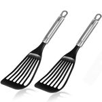 KSENDALO 2 Thin Flexible Nylon Fish Spatula Set for Nonstick Cookware Fish Spatula Egg Flipper Hollow Steel Handle, LFGB Certified Nylon Thin Blade Sturdy Hollow Handle Dishwasher Safe- Silver/Black