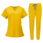 VIAOLI Scrubs for Women Scrub Top & Jogger Pant with Yoga Waistband 10 Pocket Uniforms Solid Stretch Scrub Set Nursing, Yellow, X-Large