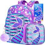 3PCS Kids Backpacks for Girls, 16" Little Kid Mermaid Sequin Preschool School Bookbag and Lunch Box