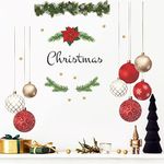 Christmas Wall Decals Hanging Ball Window Wall Stickers Decorations, Golden Star Red Hanging Balloon Wreath Wall Decor Posters Vinyl Removable Xmas Decals Party Supplies