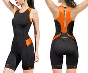 Women Triathlon Suit Quick-Drying One-Piece Sleeveless Tri-Suit with Padded, Black-orange, X-Small