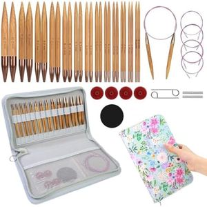 Yarniss Bamboo Circular Knitting Needle with Case,13 Pair Interchangeable Knitting Needles with Flexible Cables 3.5mm~10.0mm, 4-Inch Round Knitting Needle US Size 2.5~15