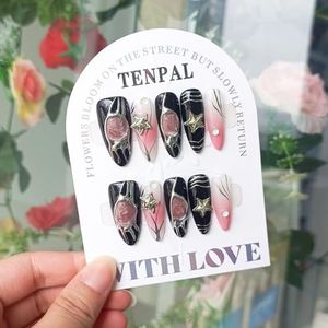 TENPAL Y2k Press on Nails Almond Black Nails Press ons With Star Charms Glitter Swirl Fake Nails With Glue 10pcs/Box Pink False Nails With Air Brush Nail Art Designs Soft Gel Acrylic Nails(XS)